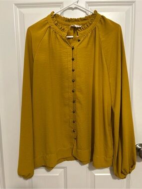 Ruffled Collar Mustard Button-Front Blouse